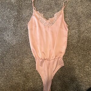 Lace-Trim Pink Satin Bodysuit - Women